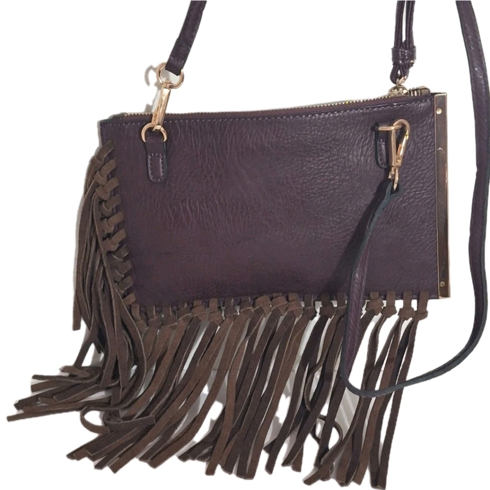 Free People Foreverly Crossbody Handbag Purse Purple Brown Faux Suede Fringe EUC